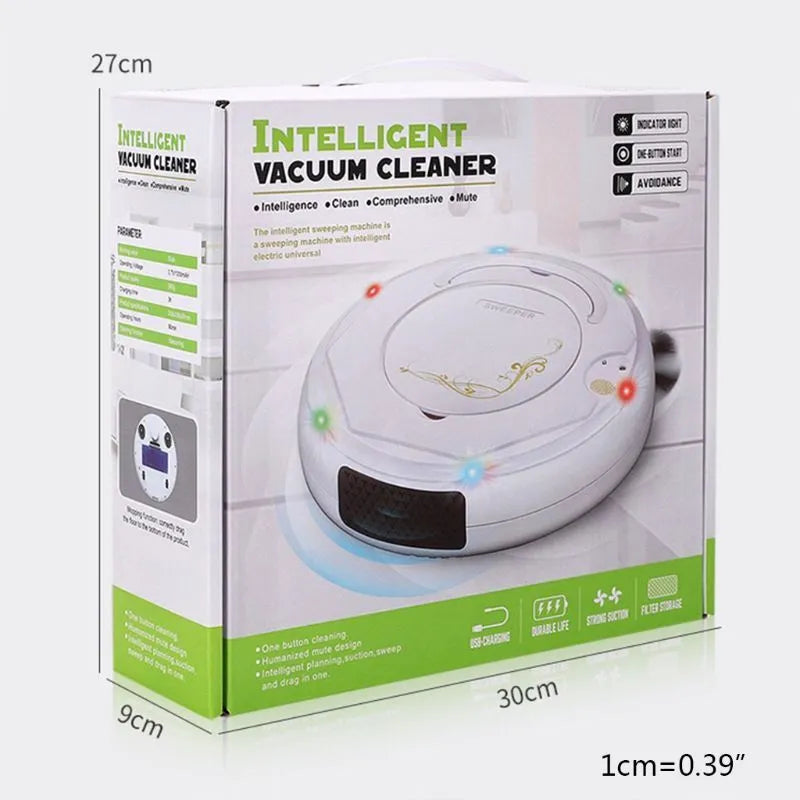 Smart floor sweeping robot vacuum cleaner in black, blue, or white colours on a hard floor surface.