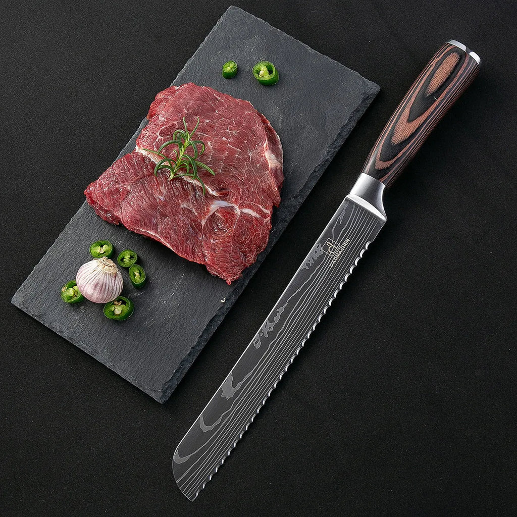 Chef knife with Damascus steel blade, color steel handle, 30cm length for kitchen use
