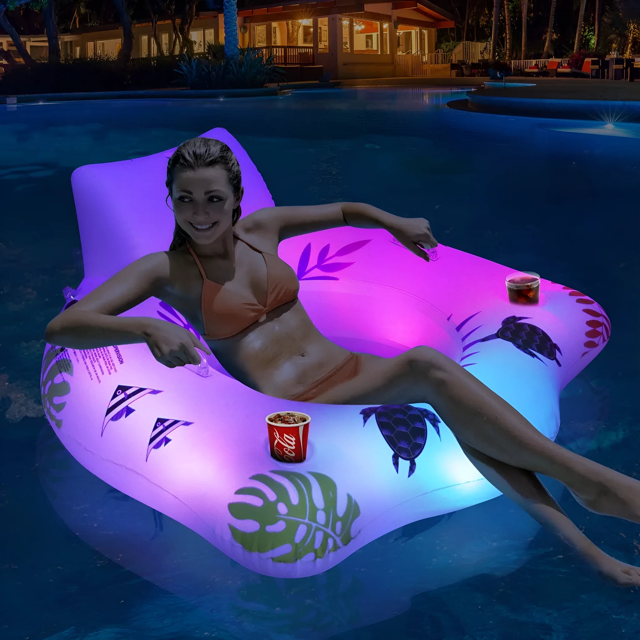 White U-shaped inflatable pool float with LED lights, 120 cm square