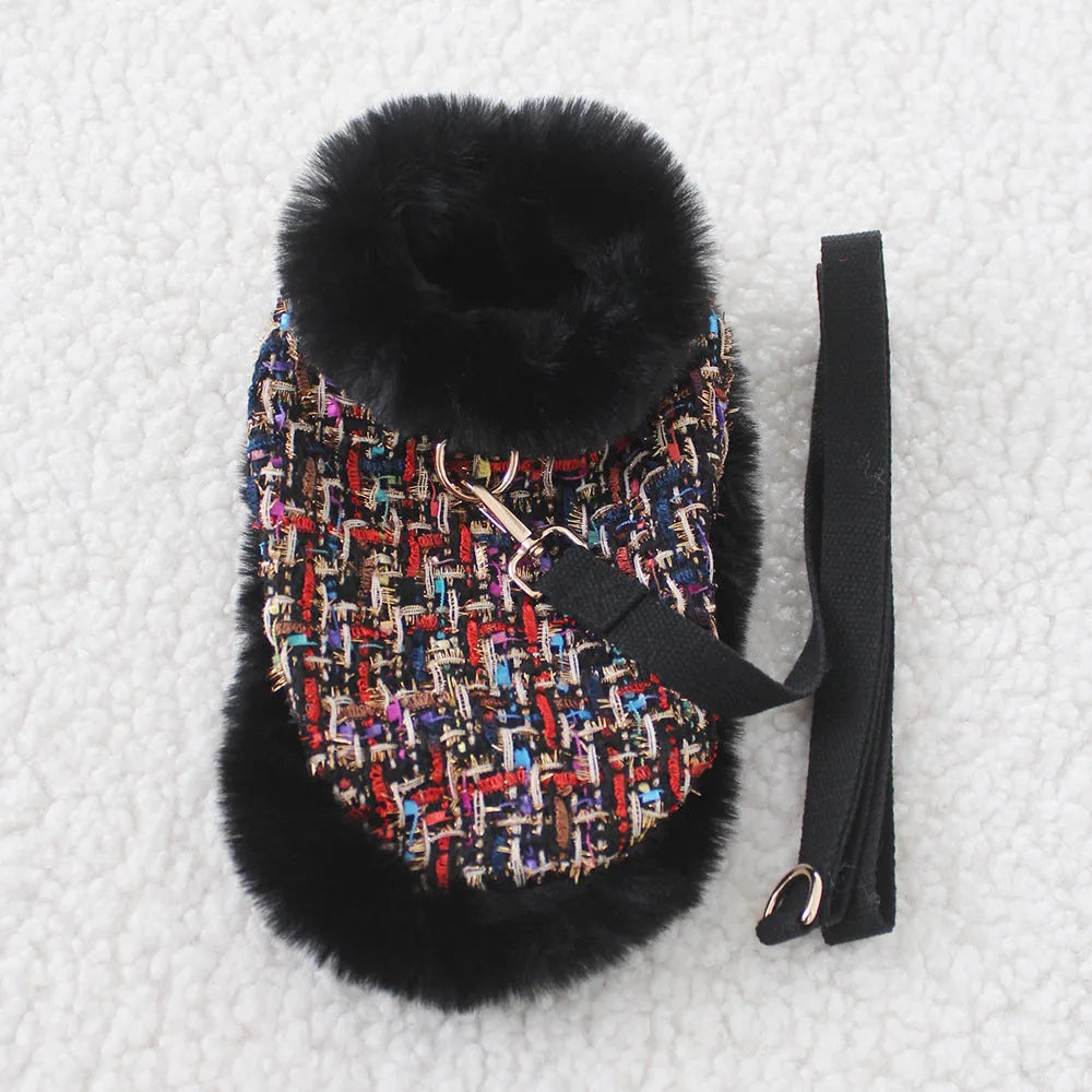 Dog wearing classic cloak-style chest harness with hand-holding rope leash in cloth material