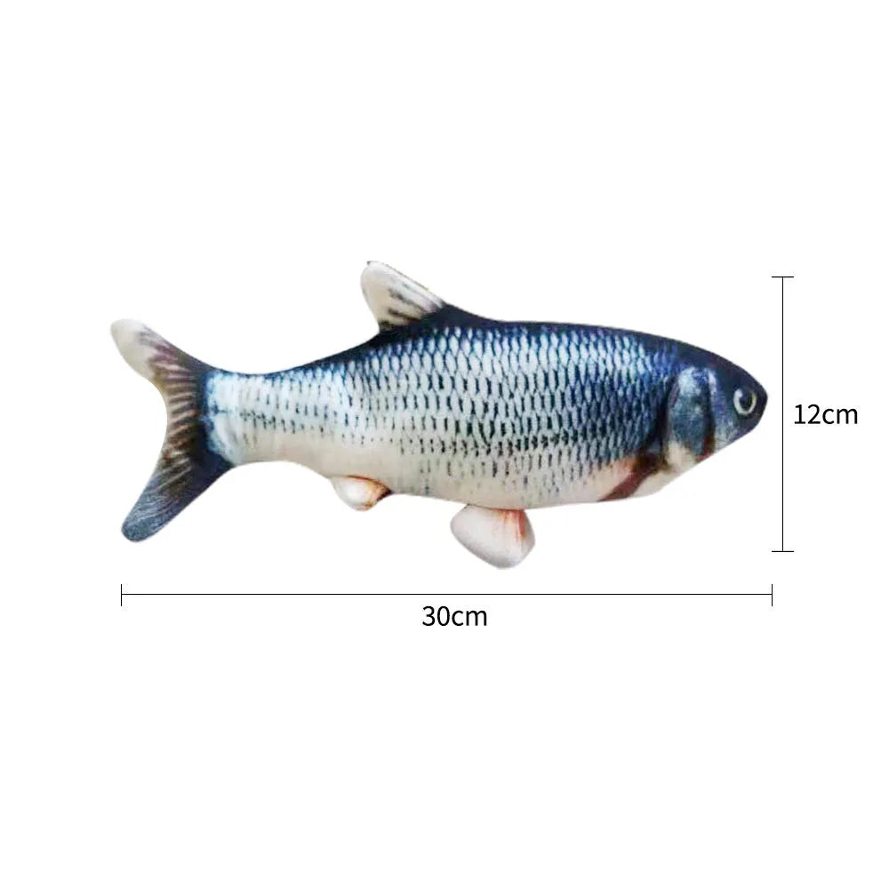 USB rechargeable electronic jumping fish cat toy in multicolour, 30cm long.