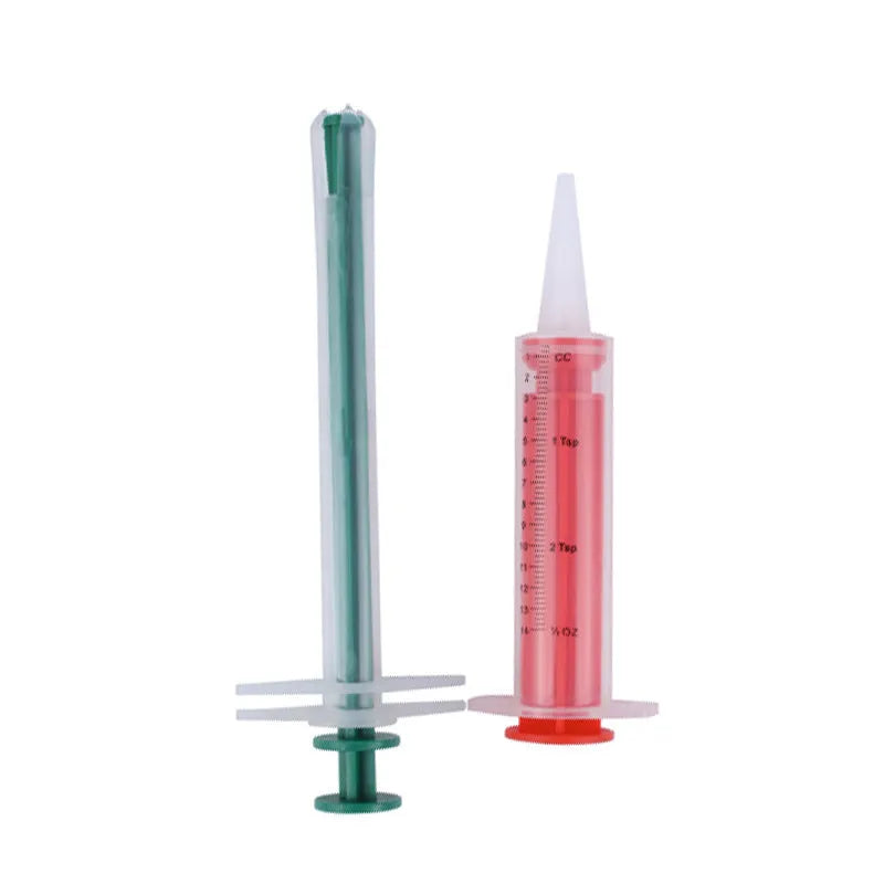 Two silicone pet pill shooters with soft tips, one larger and one smaller, for administering tablets to cats and dogs.