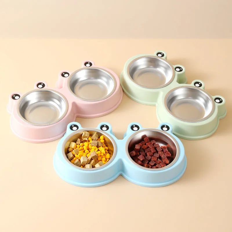 Pet double bowl feeding station with stainless steel frog bowl insert in blue, green, or pink colour options