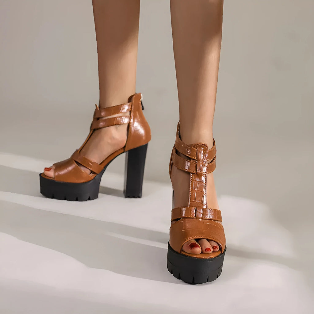 Platform high heel sandals with back zipper in black, wine red, and yellow colours.
