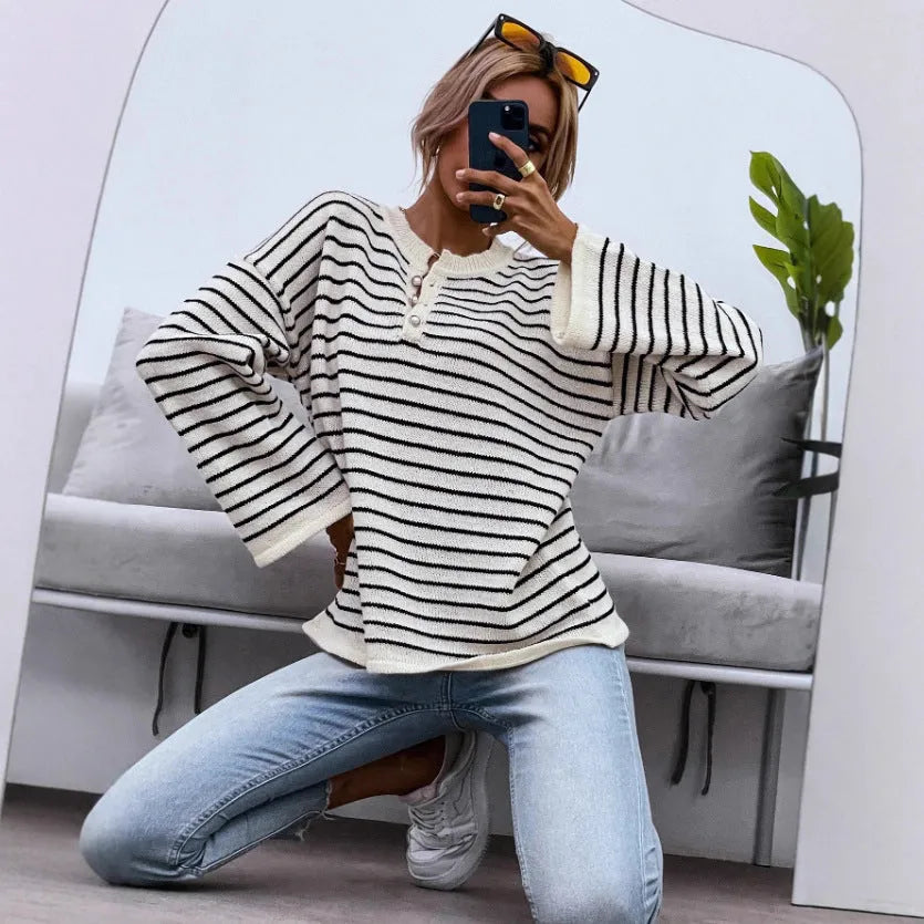 Black striped women's loose casual top with drop-shoulder sleeves and button detail