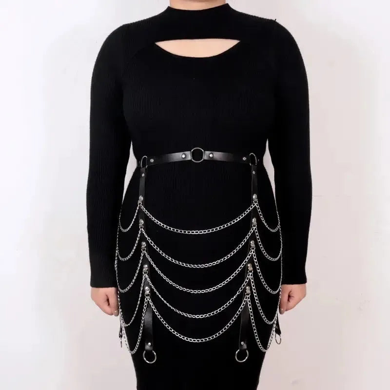 Black PU leather adjustable waist chain ornament for adult women.