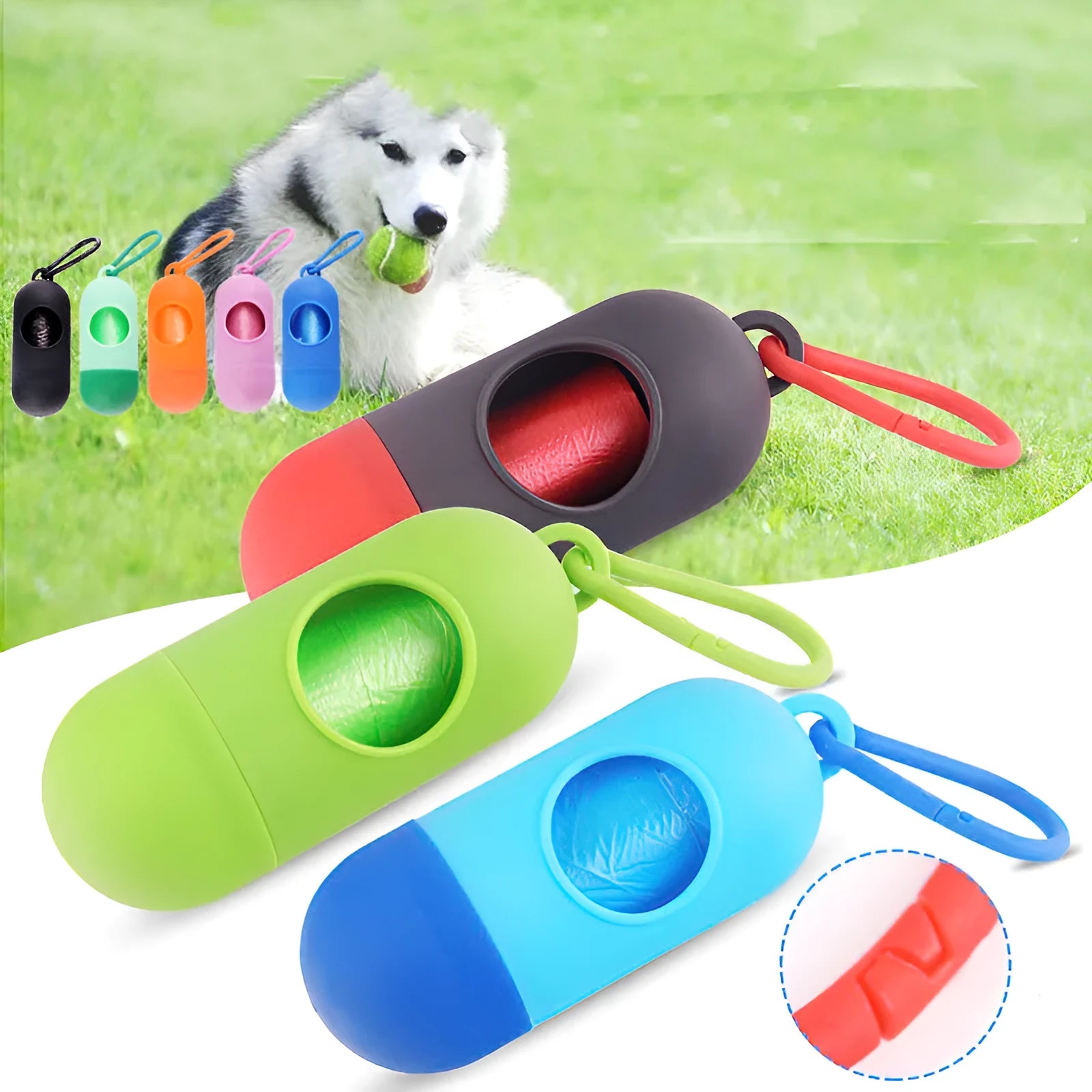 Small black dog poop bags holder with side hook and Velcro strap for attaching to leads or clothing.