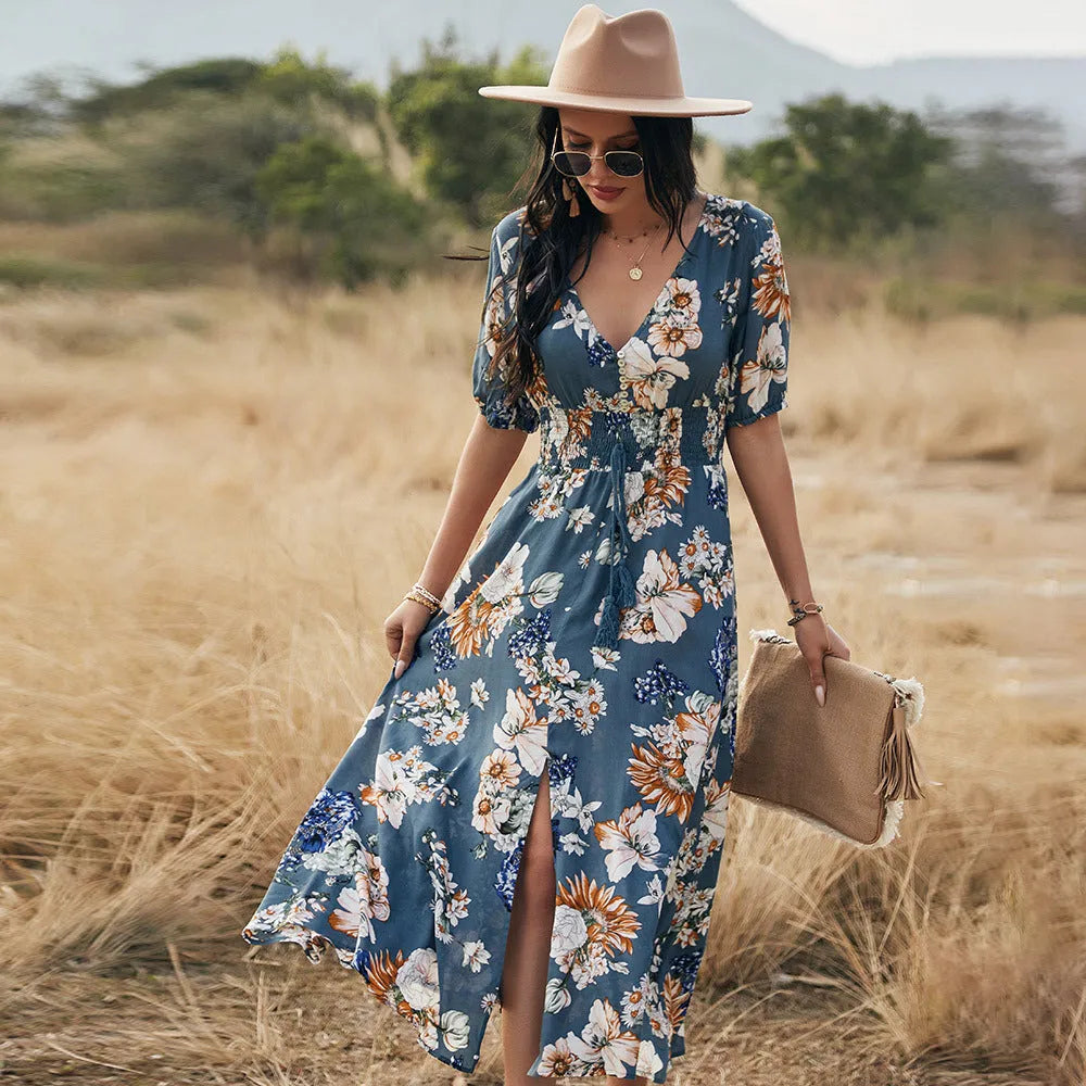Floral print women's beach dress with V-neck and elastic waist in yellow colour