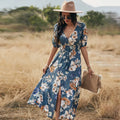 Floral print women's beach dress with V-neck and elastic waist in yellow colour