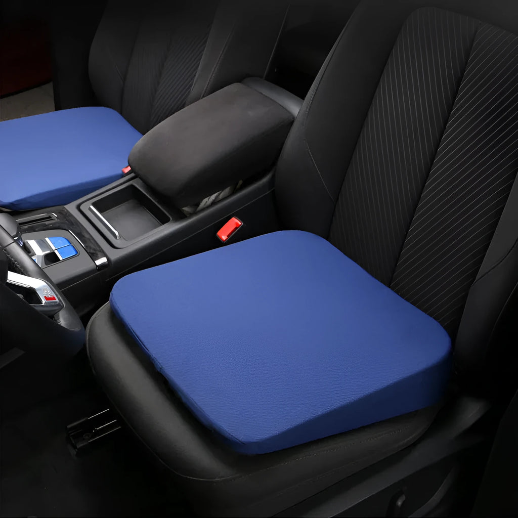 Black car seat cushion with memory foam filling measuring 42x39x6cm