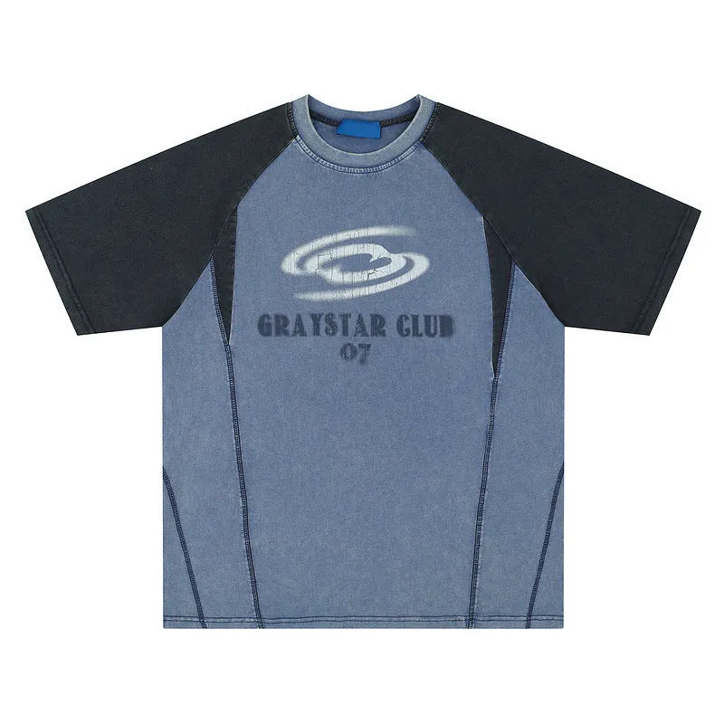 Men's blue cotton hip hop t-shirt with white letter print graphics and raglan sleeves