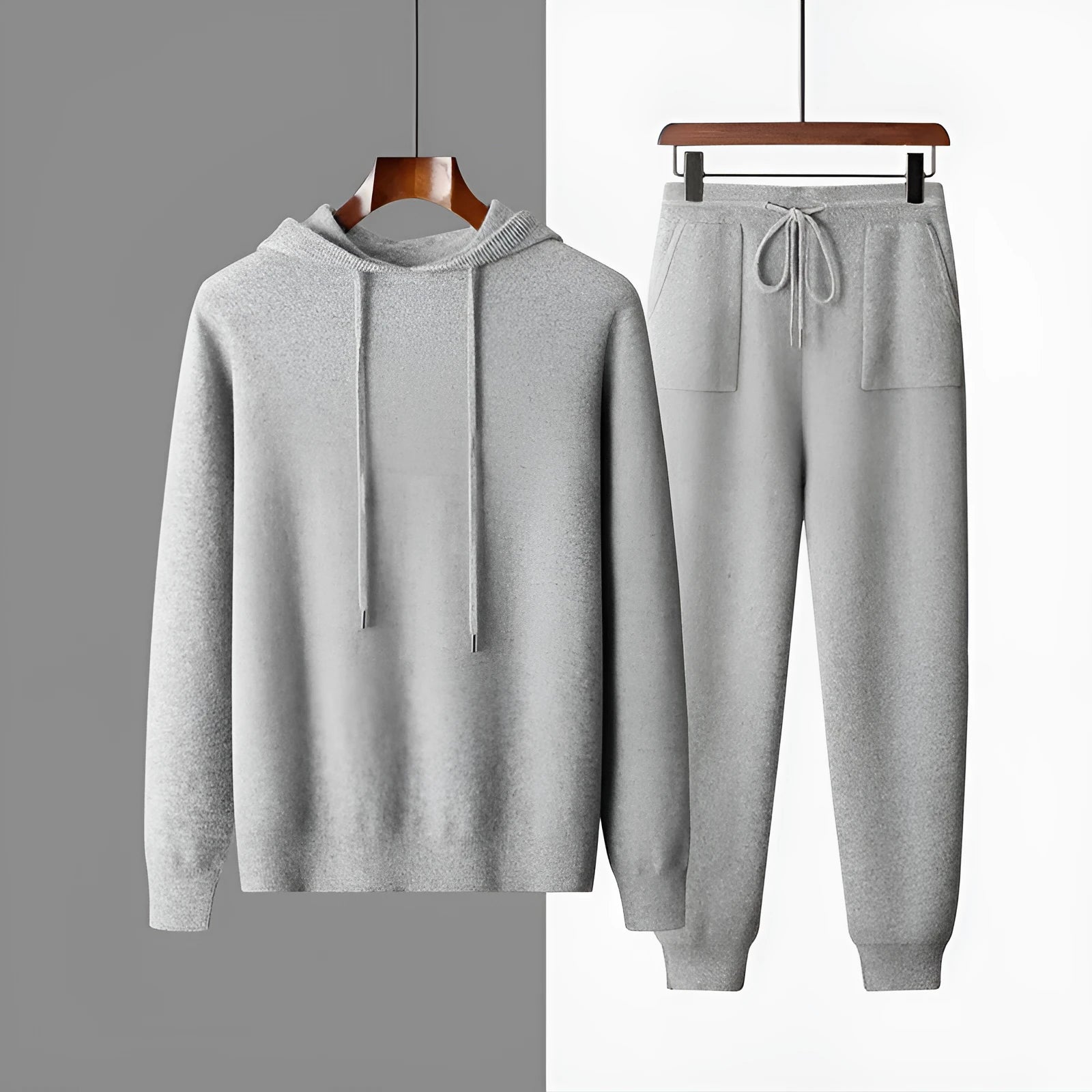 Men's light grey cashmere hooded sweatshirt and matching trousers set for winter leisure wear
