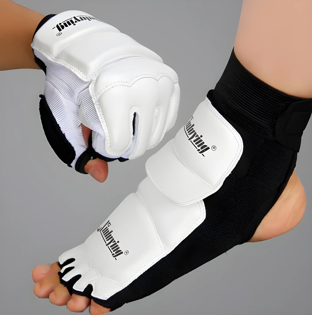 White PU leather boxing gloves and foot protection set for taekwondo with mesh cotton cloth
