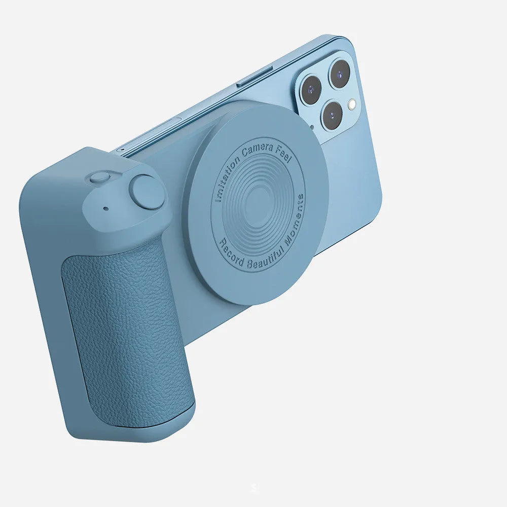 Black magnetic camera phone holder with rotatable tilt mechanism and ergonomic PU leather grip