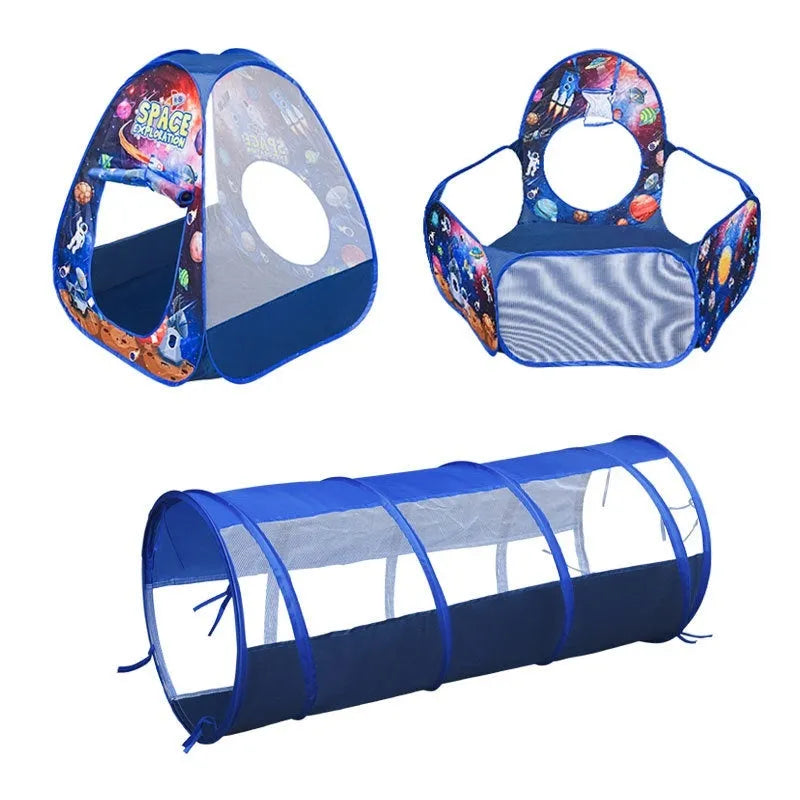 Children's three-in-one indoor play tent set with cartoon submarine design, featuring a tent, play tunnel, and ball pool.