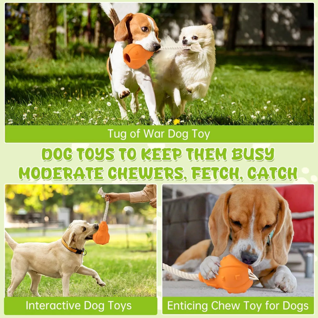 Natural rubber stuffable dog toy with a long strap for small to medium breed dogs.