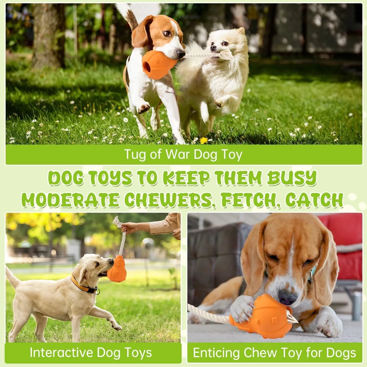 Natural rubber stuffable dog toy with a long strap for small to medium breed dogs.