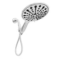 Six-function portable handheld shower head with electroplated finish, 6 inches in diameter.