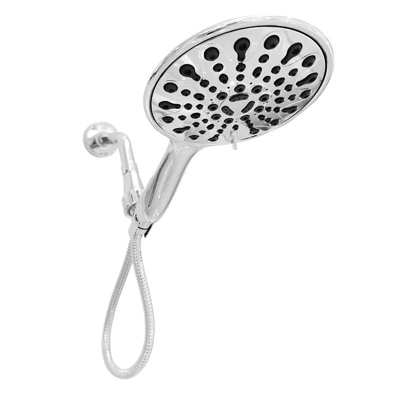 Six-function portable handheld shower head with electroplated finish, 6 inches in diameter.