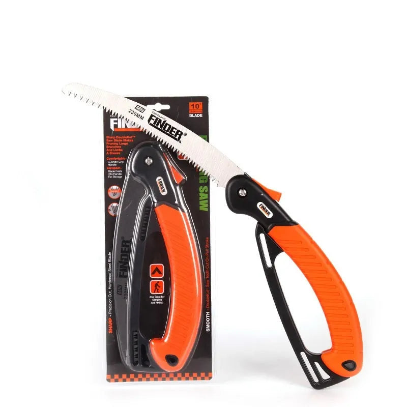 Garden folding saw with 9-inch 65MN steel blade and TPR grip shown in open position