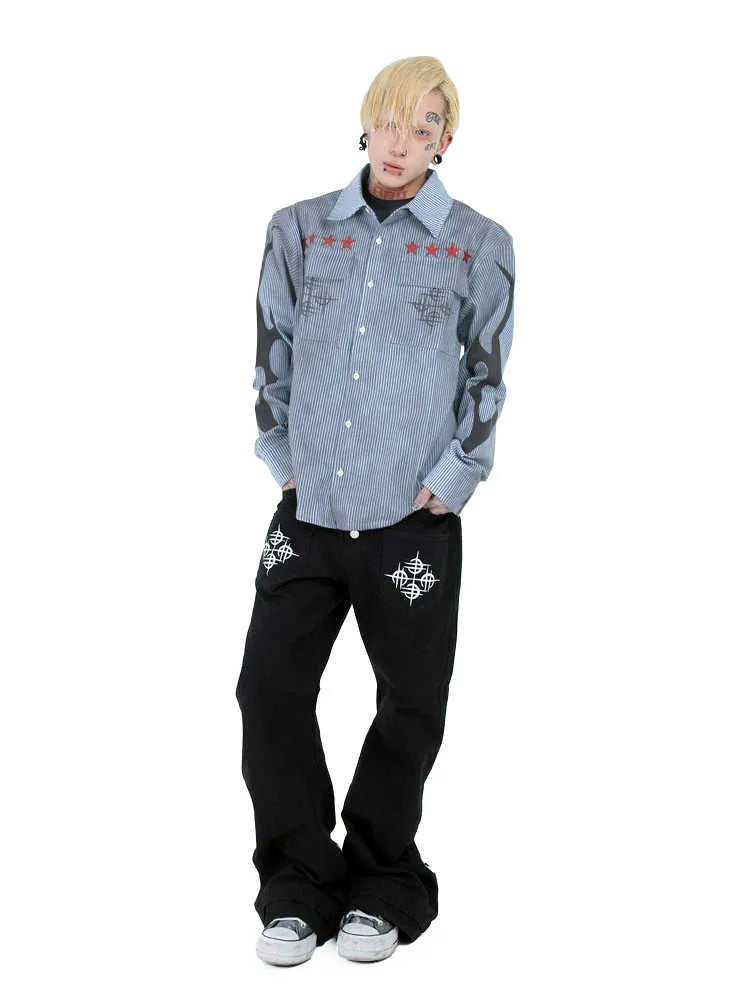 Men's washed blue striped casual shirt with lapel collar showing long sleeves and single-breasted placket