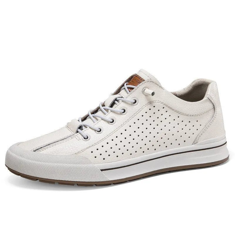 Men's white and black matte leather casual shoes with flat heel and round toe.