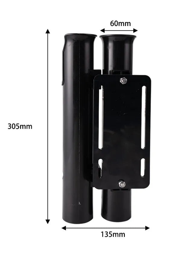 Black carbon fibre plastic fishing rod rack mounted on bicycle handlebars with adjustable straps
