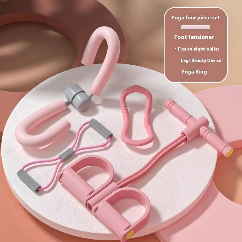 Yoga four-piece set with leg stretching device, ring, pedal tensioneer, and figure eight rope