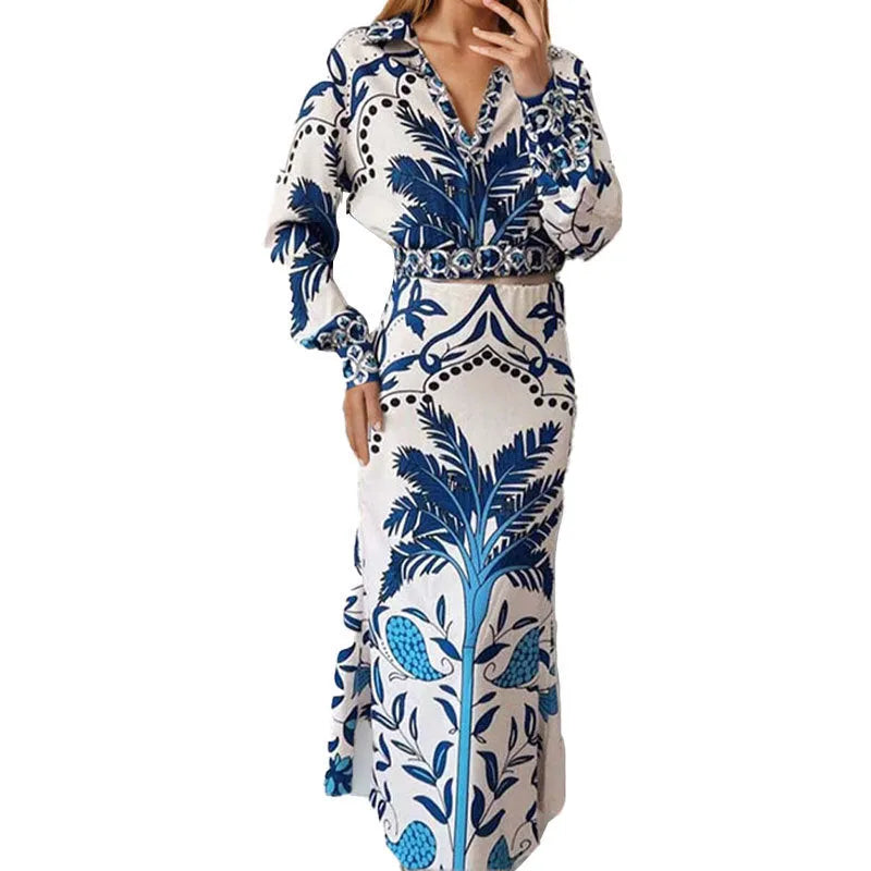 Women's flower print early spring casual set with long sleeve top and matching skirt in picture colour