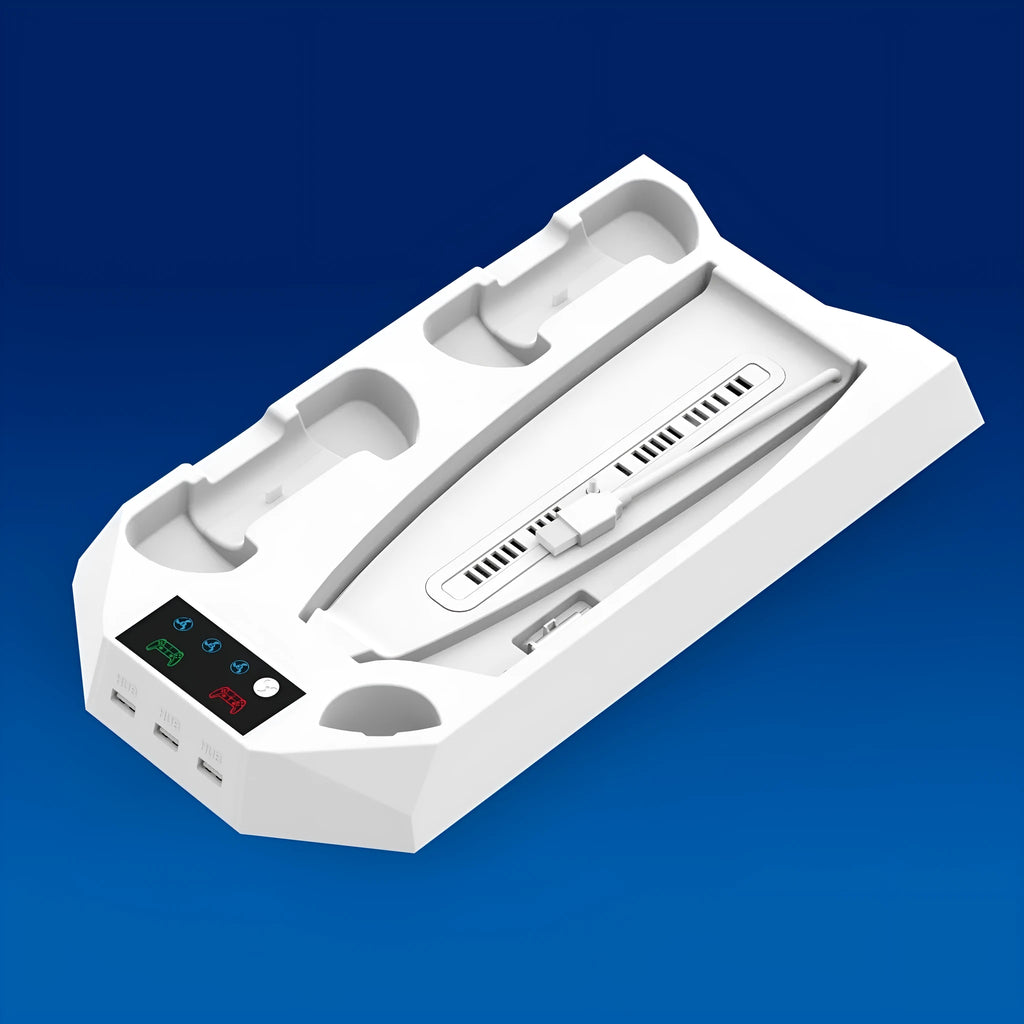 White PS5 charging base radiator with integrated headset hook and direct plug design
