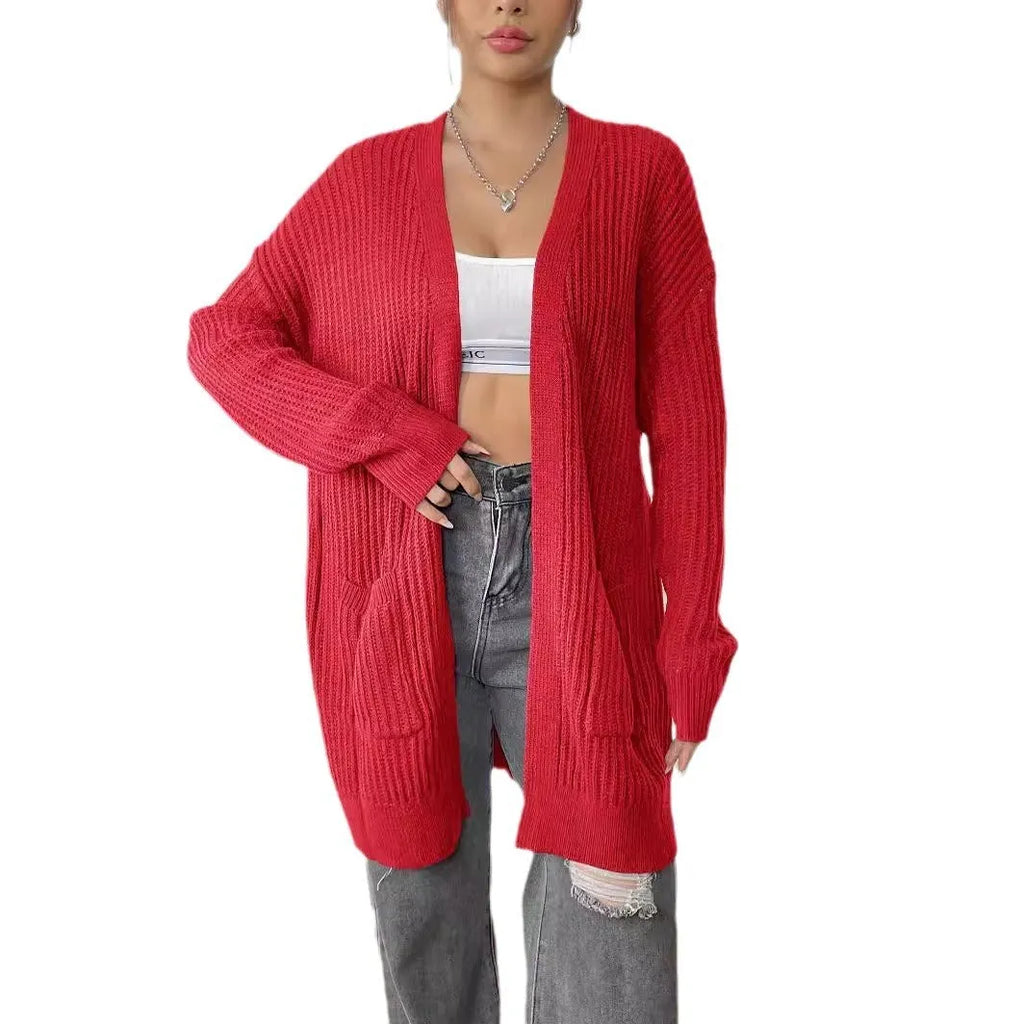 Women's mid-length loose-fit acrylic cardigan in dark green, shown as a single piece with long sleeves.