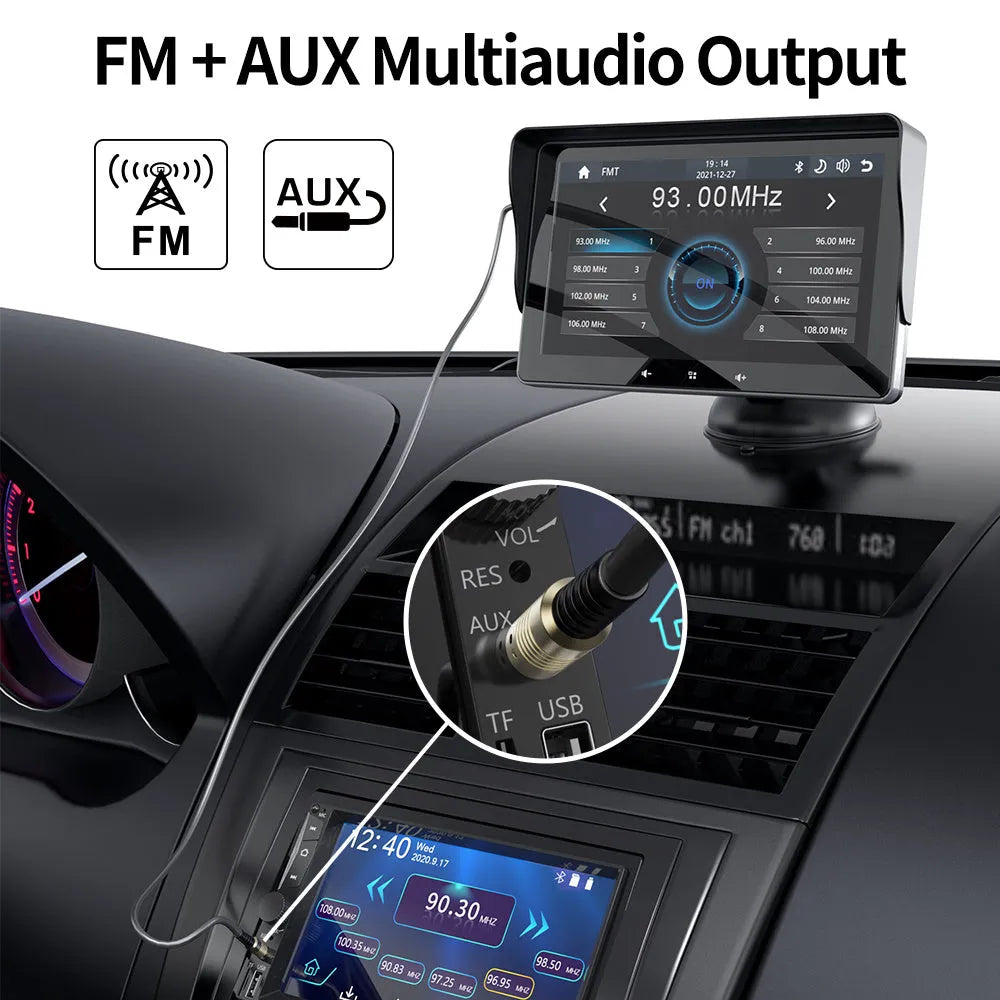 7-inch wireless CarPlay display with suction cup mount for car installation