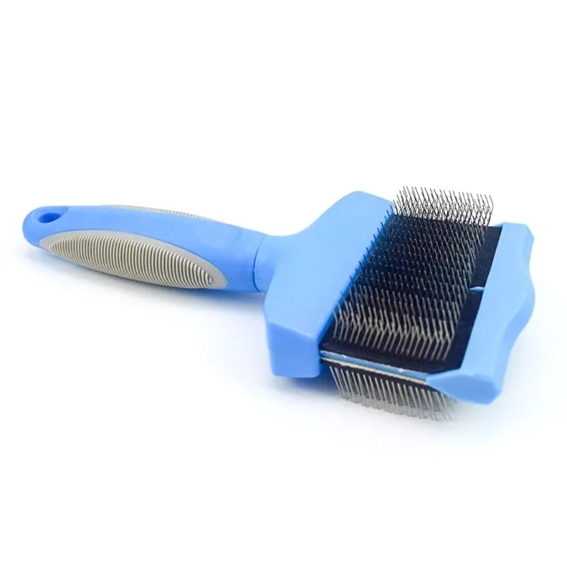 Double-sided blue pet brush for dogs and cats showing soft pins on one side and firm stainless steel pins on the other.