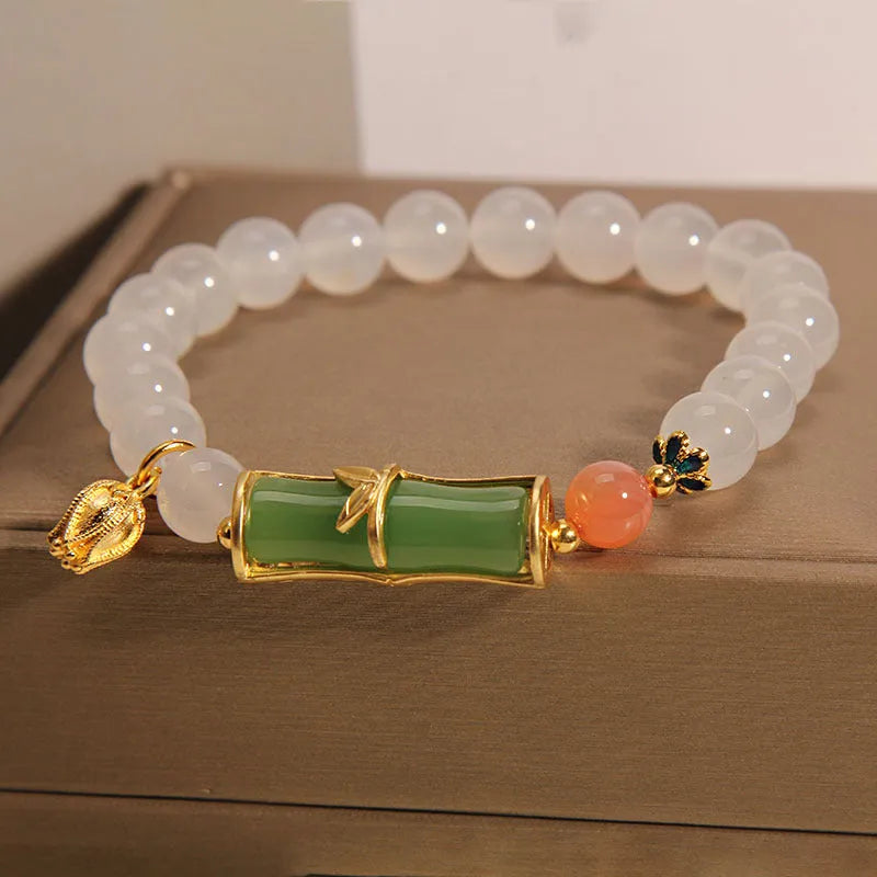Women's white agate and jade bamboo joint bracelet with natural stone finish