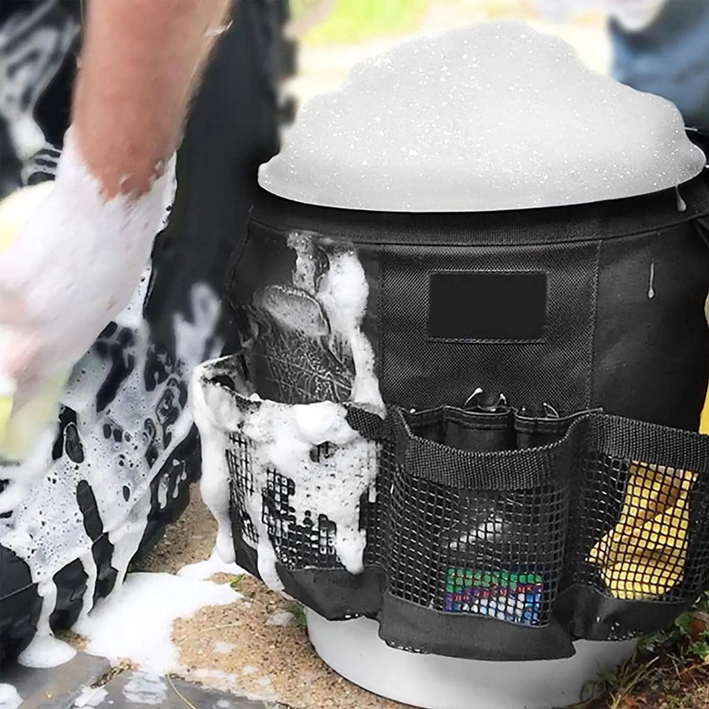 Black cylindrical polyester hanging storage bag designed to fit a 5 gallon barrel.