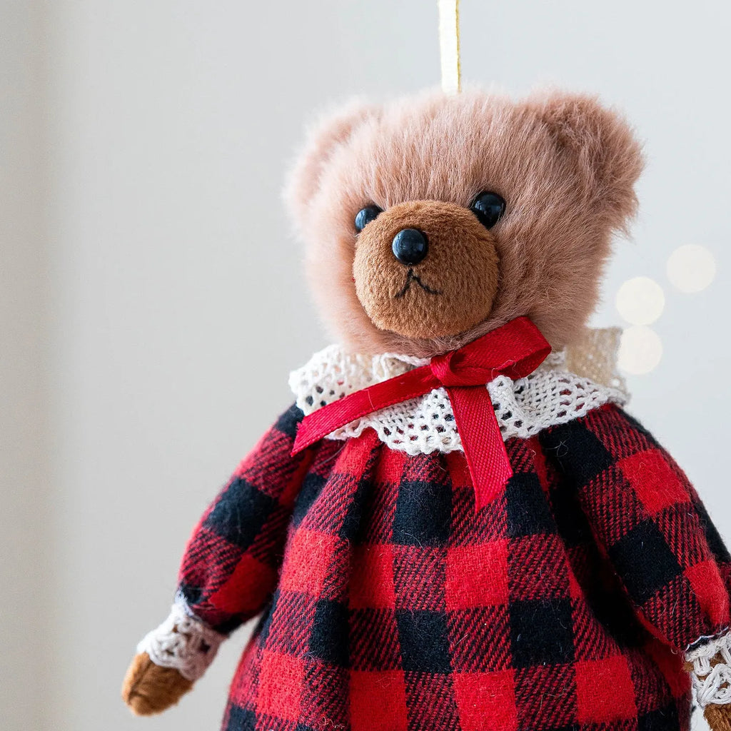 Cartoon-style plush bear couple wearing cotton plaid suits, gentleman bear and princess bear.