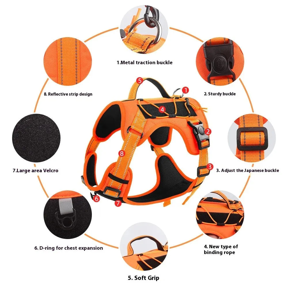 Orange reflective dog harness vest with integrated black hand-holding rope, shown on a dog.