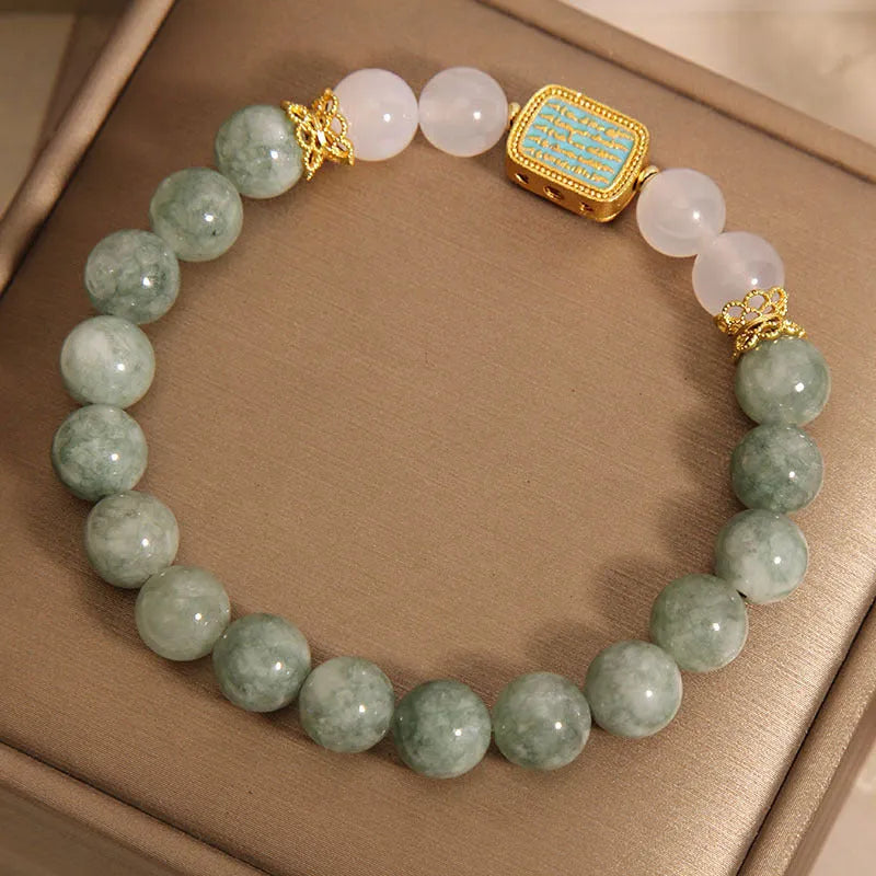 Oil green emerald crystal bracelet with five engraved scripture beads for women