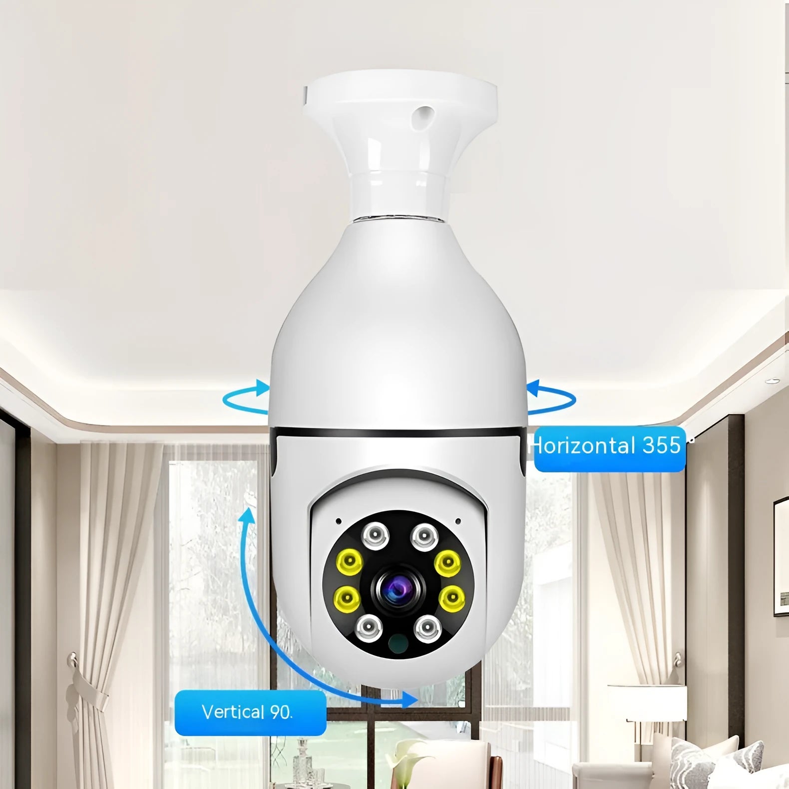 Wireless WiFi bulb security camera showing compact 5cm diameter design with plastic and metal housing