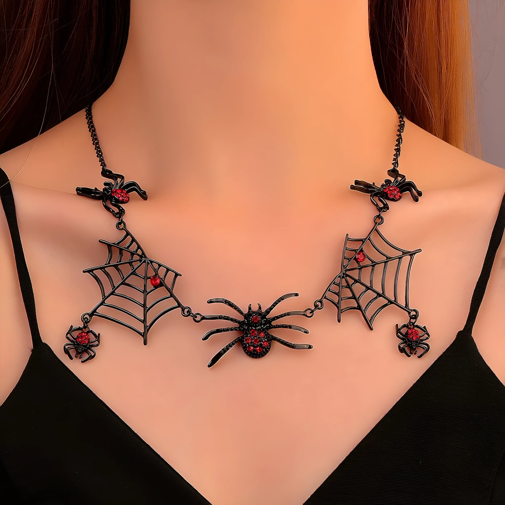 Halloween spider web pendant necklace on alloy chain with electroplated finish, clavicle length, spider web colour