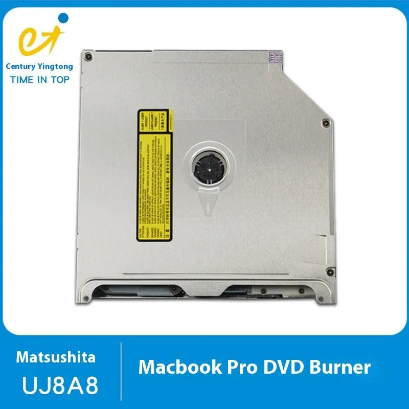Silver internal SATA optical drive model UJ8A8 for MacBook Pro 13 laptop, showing dimensions.