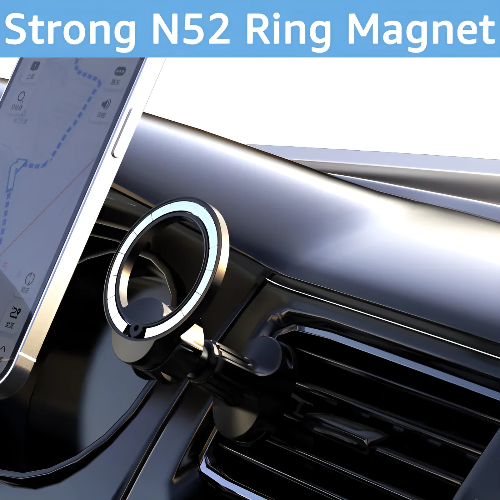 Black magnetic car phone holder with O-ring bracket attached to vehicle air vent holding smartphone