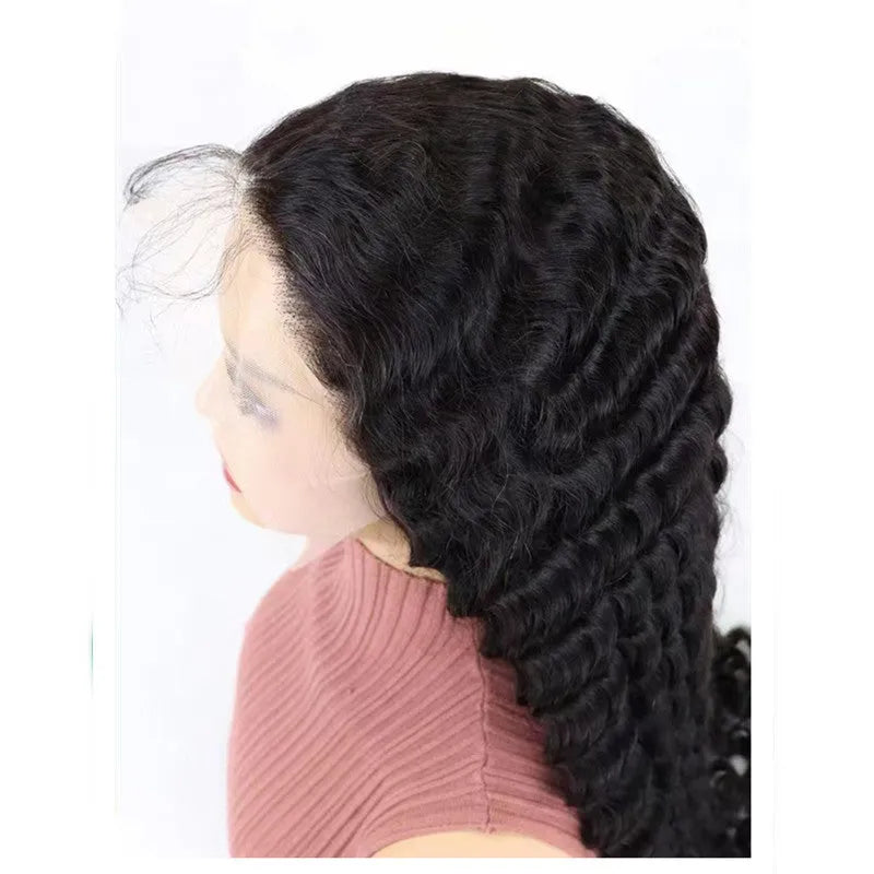 Human hair half lace front wig showing natural hairline and length options from 18 to 34 inches