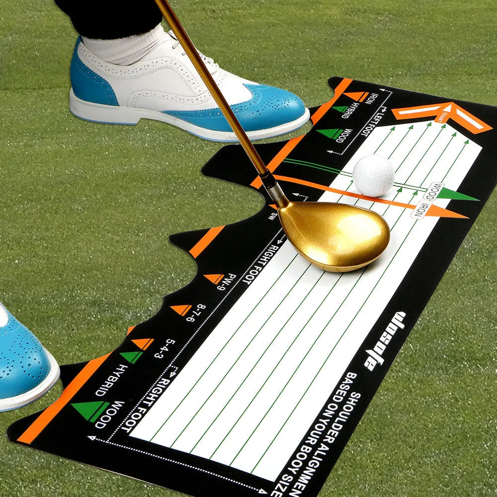 Black neoprene golf swing posture correction pad for stance alignment practice