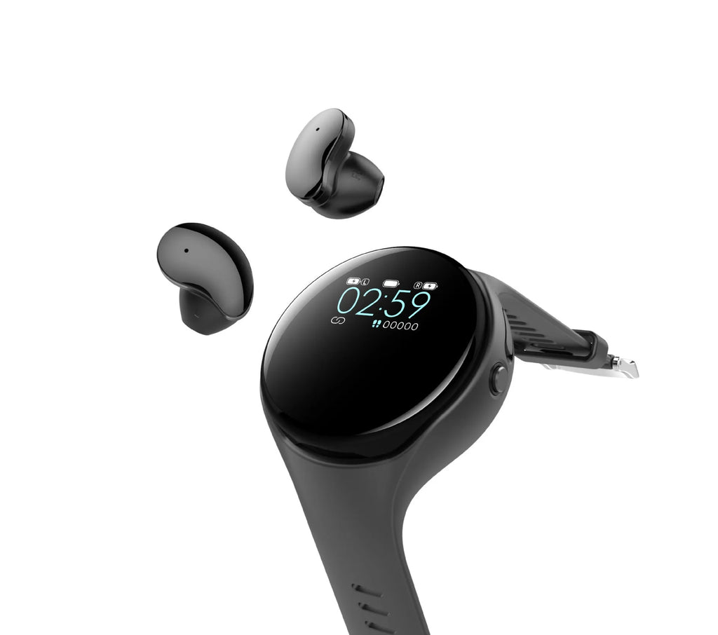 Black detachable smartwatch and Bluetooth headset combo showing fitness tracker bracelet and wireless earphones.