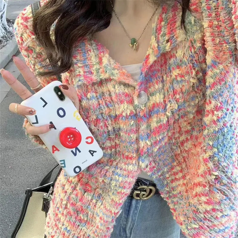 Retro style knitted cardigan in pink and green colours with slim fit design