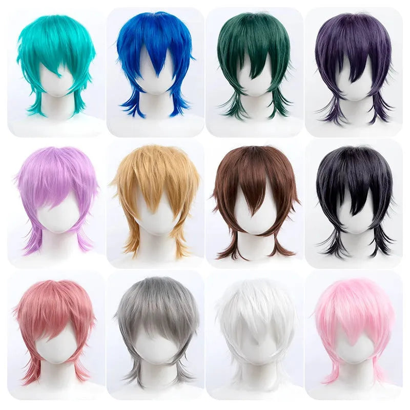 Short cosplay wig in synthetic fibre with anti-curling treatment for character costumes