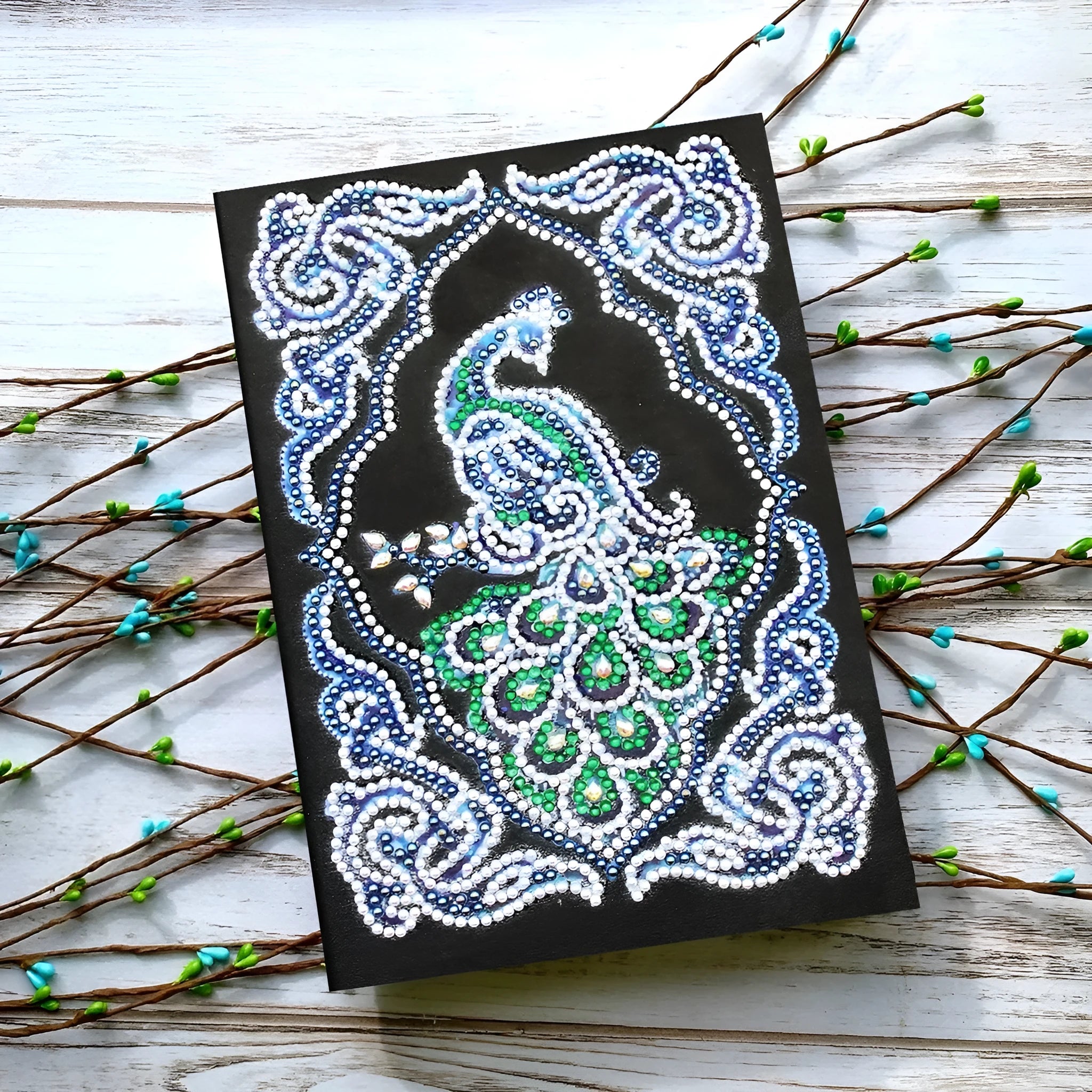 Black A5 peacock diamond painting notebook with shaped and bright drills
