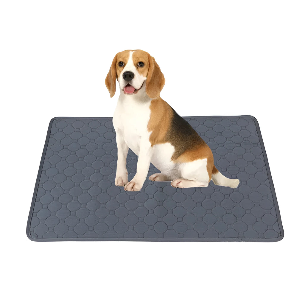 Washable dog pee pads in grey and tan colours showing multi-layer construction and triple-stitch binding