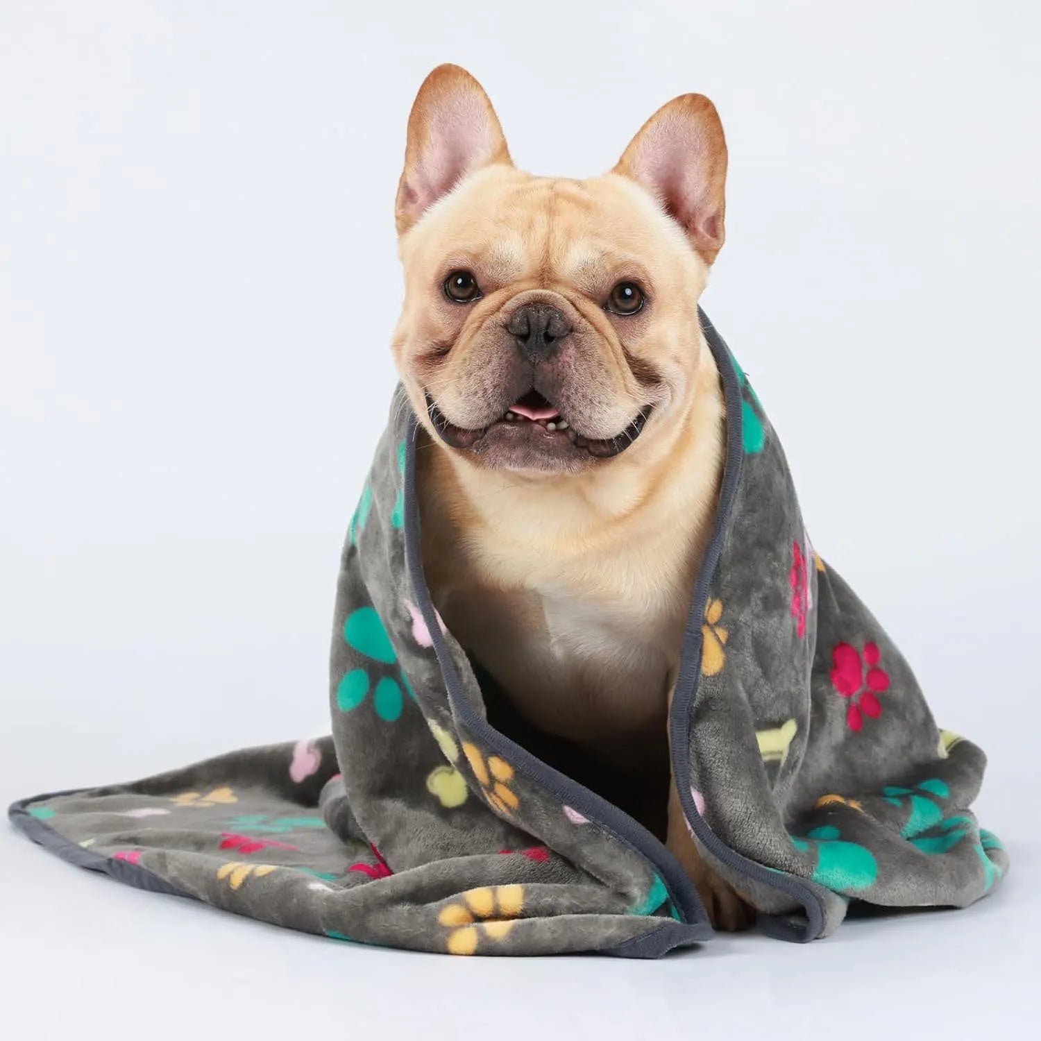 Soft cloth pet blanket with confetti bone and paw print pattern in beige colour on a light background